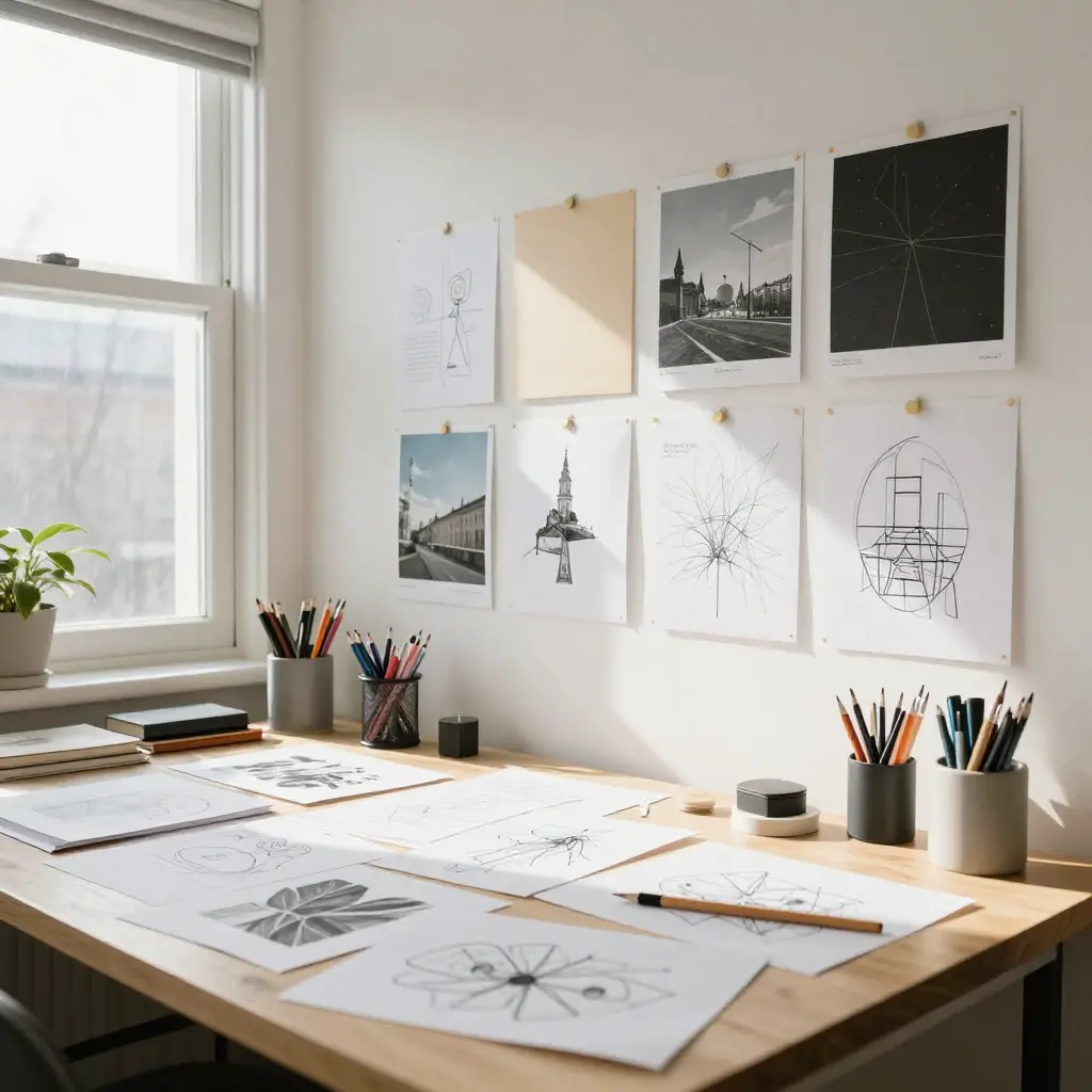 Bright design studio with mood boards and creative materials